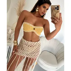 Saia Curta feito a mao Crochê com Franja para Praia  verão 2027 hadmade
