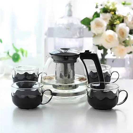 Conjunto De Jarra 1,1L Com Infusor E Xícaras 150mL Para Chá 5 Peças Vidro e Plastico