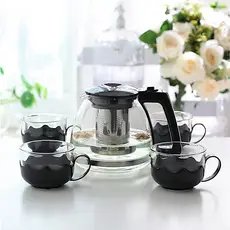 Conjunto De Jarra 1,1L Com Infusor E Xícaras 150mL Para Chá 5 Peças Vidro e Plastico
