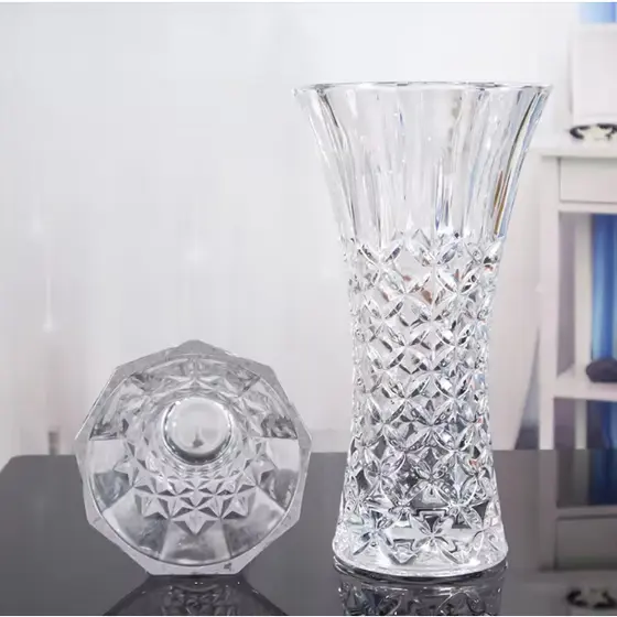Vaso de Vidro 23cm Lapidado Grosso Resistente Decoração Sala Festa Plantas Flores