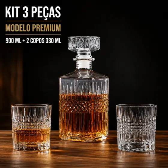 Kit Garrafa Decanter Vidro Whisky Licor 900ml + 2 Copos Premium 330ml Luxo