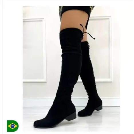 Bota Montaria Feminina Cano Longo Camurça Abaixo Joelho De Cadarço Bico Fino