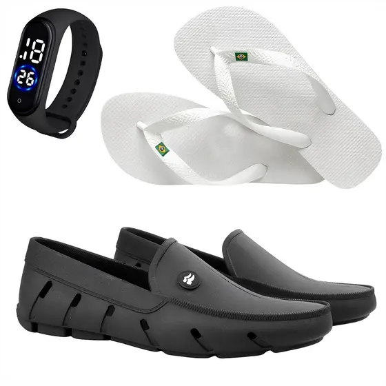 Mocassim Masculino Sapatilha Para Pesca + Sandalia Chinelo Havaiana + Relogio Digital