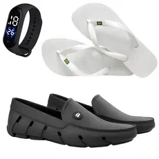 Mocassim Masculino Sapatilha Para Pesca + Sandalia Chinelo Havaiana + Relogio Digital