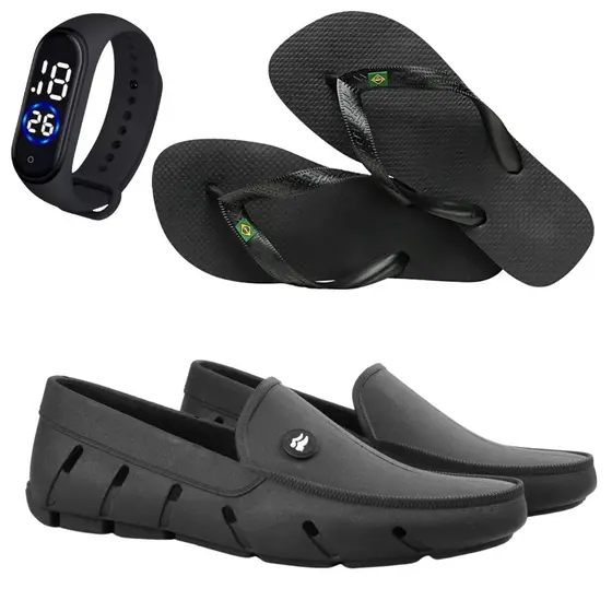 Sapatilha Mocassim Masculina Para Pesca + Chinelo Sandalia Havaiana Masculino + Relogio Exclusivo