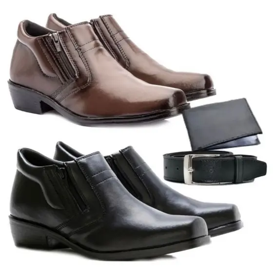 Kit Dois Pares Bota Social Masculina Botina Moderna de Couro Eco Leve + Carteira e Relogio Envio Imediato