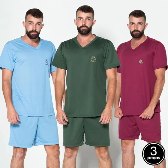 Kit 3 Pijama Gola V Masculino Curto Short Verão Lisa Adulto