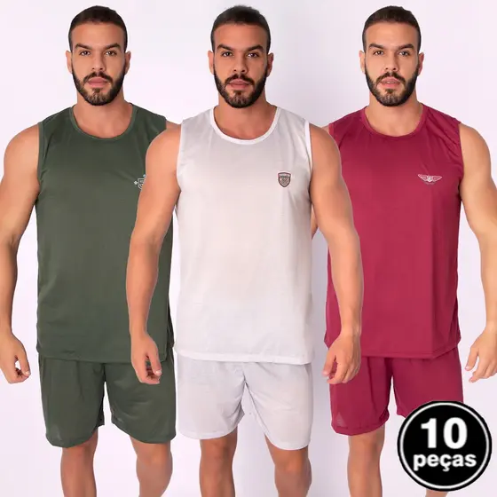 Kit 10 Pijama Regata Masculino Liso Short Curto Verão Adulto Básico Malha Dormir