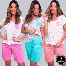 Kit 3 Pijama Estampado Adulto Feminino Manga Curta Short Verão Baby Doll