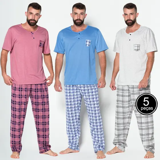 Kit 5 Pijama Calça Longa Manga Curta Adulto Masculino Malha Meia Estação