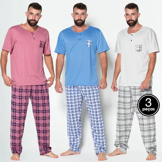 Kit 3 Pijama Masculino Longo Detalhe Bolso Conjunto Dormir Calça Xadrez Longa