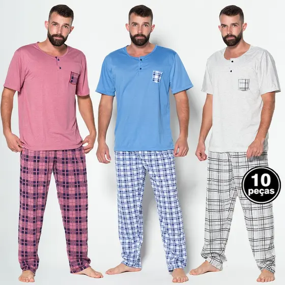 Kit 10 Pijama Masculino Longo Malha Detalhe Bolso Blusa Lisa Calça Estampada