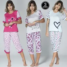 Kit 3 Pijama Pescador Adulto Inverno Bermuda Feminino Blusa Calça Curta Barato