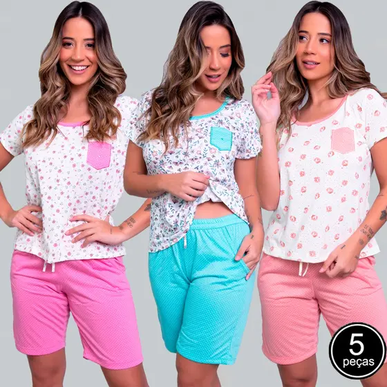 Kit 5 Pijama Estampado Linha Noite Bermuda Blusa Dormir Baby Doll Qualidade