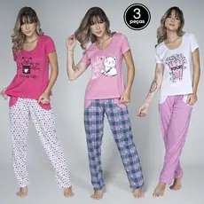 Kit 3 Pijamas Feminino Manga Curta Calça Longa Inverno Adulto Estampado