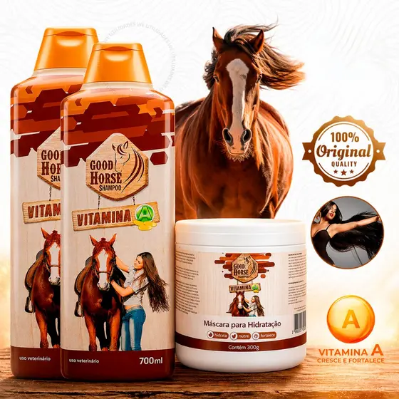 Good Horse Shampoo 700ml e Máscara Hidratante Vitamina A Crescimento e Fortalecimento