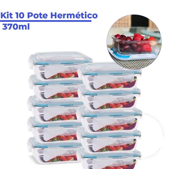 Kit Pote de Vidro Hermético Retangular 370 ml 5 / 10 Unid Marmita Microondas