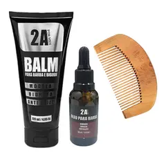 Kit Para Barba Balm, Oleo e Pente de Madeira Modela, Hidrata e Anti Frizz