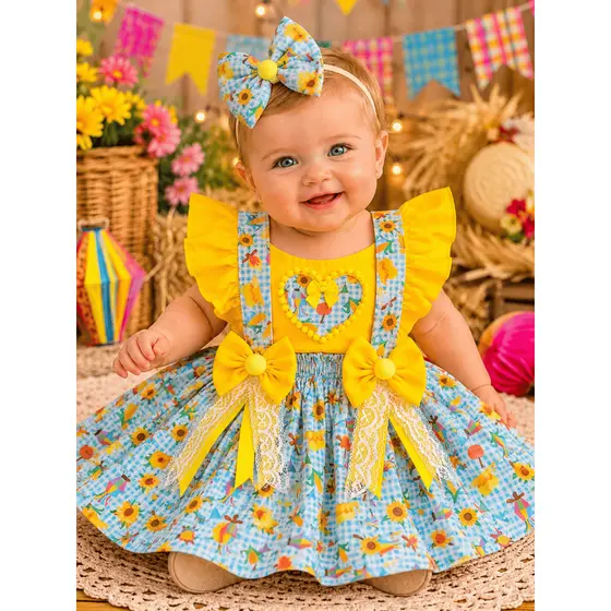 Romper Jardineira Saia Bebê Festa Junina Menina Caipira São João Xadrez Quadrilha Arraia Country