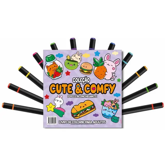 Cute & Comfy Coloring Book for Adults - Fofo e Aconchegante - Livro de Colorir Adulto + 12 Canetas