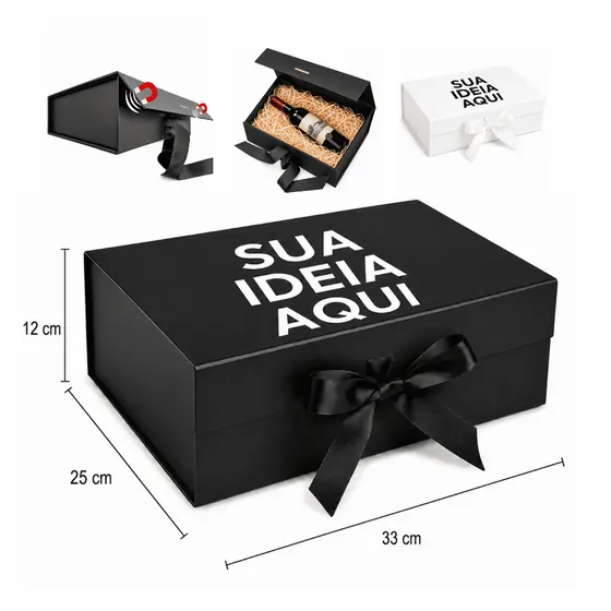 Kit 10 Caixa De Presente Magnética Personalizada 33x25x12 Premium Rígida com imã e Fita de Cetim