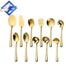 Kit 4/11 Peças Utensílios de Cozinha em Aço Inoxidável Dourado - Espátula, Colher, Concha, Escumadeira, Pegador de Pizza