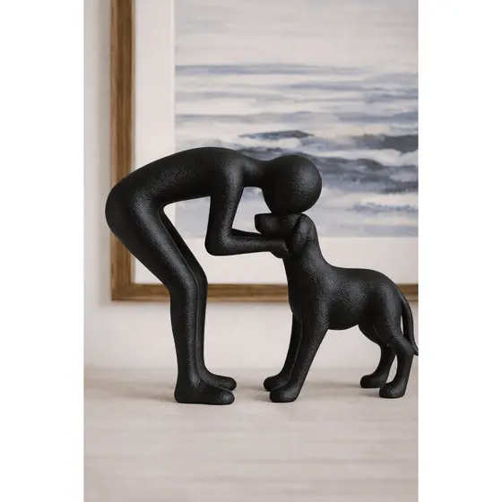 Escultura Decorativa Homem e Cachorro Minimalista Enfeite Sala Estante Presente Pet