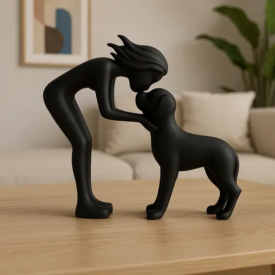 Escultura Decorativa Mulher e Cachorro Minimalista Laço Eterno Enfeite Sala Estante