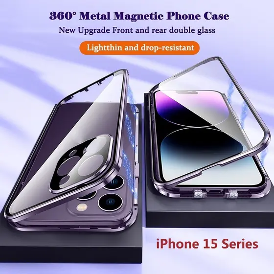 360 ° Capa De Adsorção Magnética Metálica Para iPhone 15 14 13 Pro Max Plus 11 Original De Liga Roxa Vidro Dupla Face