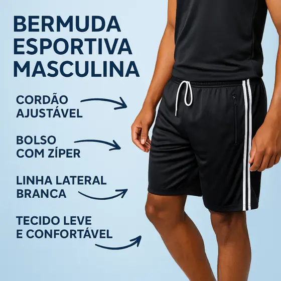 Bermuda Esportiva Masculina Secagem Rápida com Listras e Cordão | P ao G5 (73)