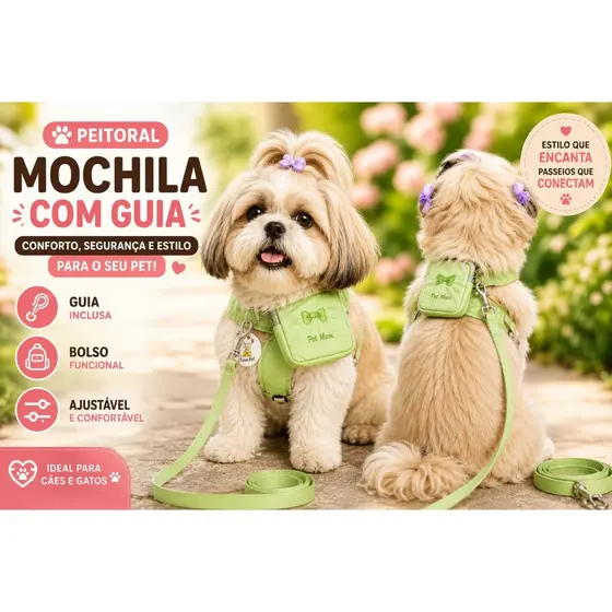 Peitoral Pet Premium Com Bolsinha e Guia Para Cachorro e Gato