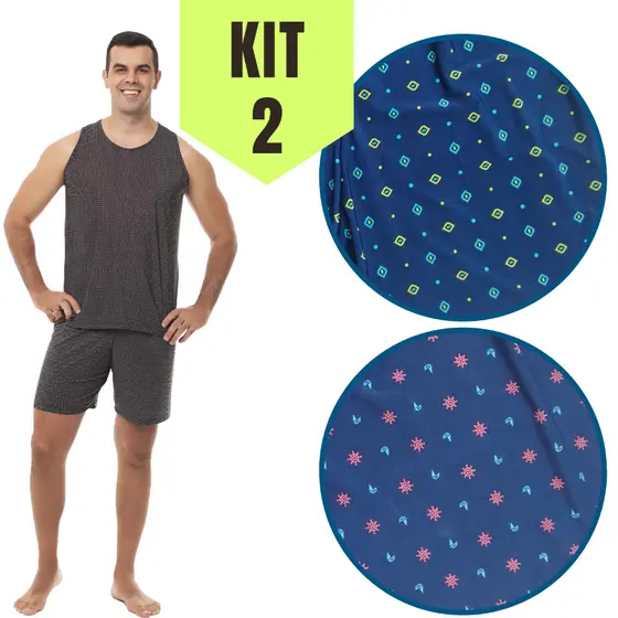 KIT 2 - Pijama De Verão Confortável Adulto Masculino Regata E Short Liganete Estampado