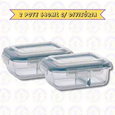 2 Marmita de Vidro 640ML c/ Divisória e Tampa Hermética
