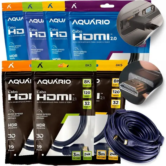 Cabo HDMI 2.0 4K E 2.1 8K Aquário Gold Blindado 1m 2m 5m 10m Alta Velocidade