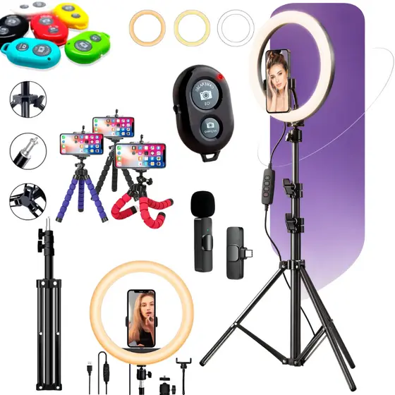 Kit Youtuber Com Tripe 2.10 Iluminador Ring Light Celular Microfone Lapela Sem Fio Android ou IPhone