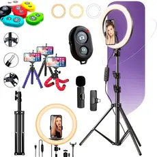 Kit Youtuber Com Tripe 2.10 Iluminador Ring Light Celular Microfone Lapela Sem Fio Android ou IPhone