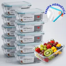 Pote Hermetico Vidro 370ml Kit Marmita Tampa Trava Anti Vazamento Microondas