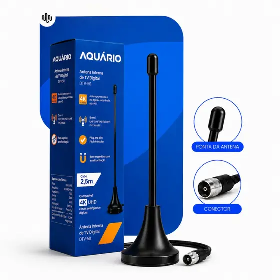 Antena Digital Interna Aquário DTV50 Compacta Full HD HDTV UHF VH Para TV Digital