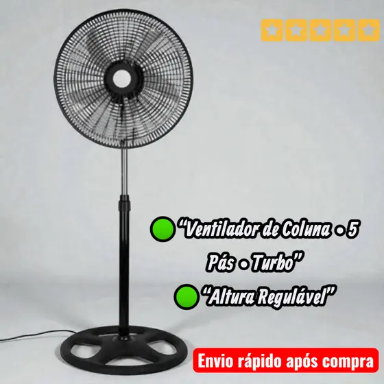 Ventilador de Coluna Turbo 5 Pás Silencioso Altura Regulável 127V/220V