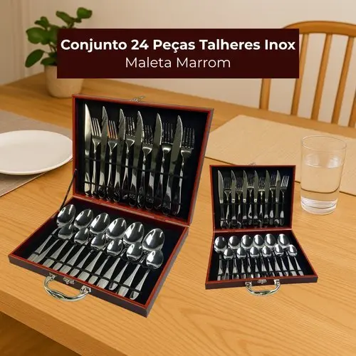 Conjunto Talheres Inox 24 Pecas Maleta Armazenamento Pratico Duravel Design Sofisticado Marrom