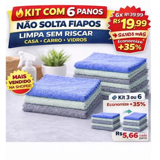 Pano de Microfibra Premium Não Solta Fiapos | Limpa Sem Riscar Casa Carro Vidros | Kit 6 Unidades