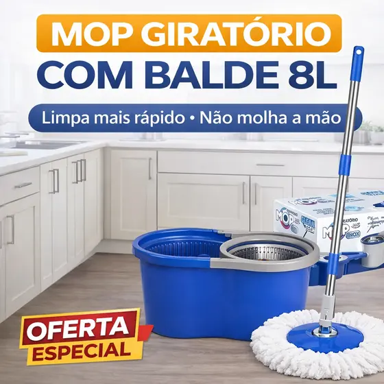 Mop Balde Giratorio 8 Litros Esfregao Com Alca Facil Limpeza Pisos Madeira Porcelanato Lavável