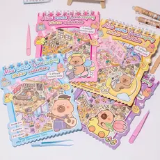 Kit Livro Mini Cenário Mundo Capivara Cartela de Adesivo 8 Cenários Pinça Divertida Fofo Paisagismo
