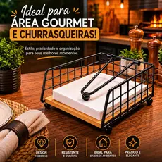 Porta Guardanapos Metal Preto e Madeira Suporte Elegante Para Mesa e Cozinha