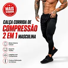 Calça Legging Masculina 2 em 1 com Shorts de Compressão, Bolso para Celular, Academia e Corrida