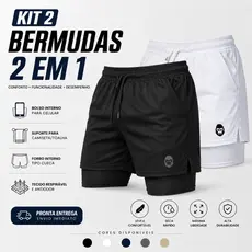 Kit 2 Shorts Masculino Kong 2 em 1 com Compressão, Bolso para Celular e Tecido Dry Fit