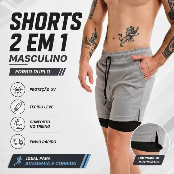 Shorts 2 em 1 Masculino Lisa Forro Duplo Proteção UV