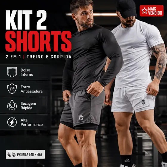 Kit 2 Shorts Masculinos Kong Original 2 em 1 com Forro de Compressão para Academia e Corrida
