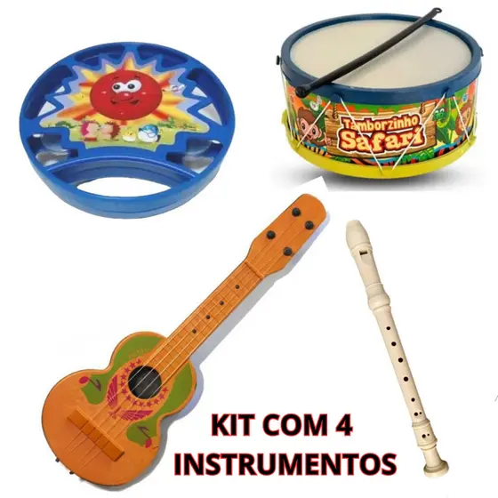 Kit 4 Instrumentos Musical Violão Pandeiro Tambor Flauta Doce Brinquedo Infantil
