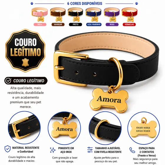Coleira Couro Legitimo com osso Dourado Tag Plaquinha Identificação